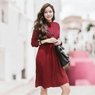 Đầm midi váy đỏ cổ trụ, váy dự tiệc, váy noel, váy tết (kèm hình thật)