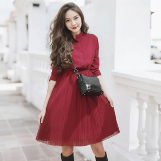 Đầm midi váy đỏ cổ trụ, váy dự tiệc, váy noel, váy tết (kèm hình thật)