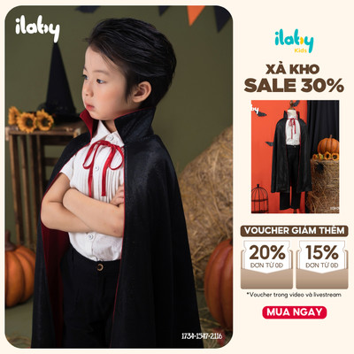 Áo choàng halloween bé trai ILABY hai mặt đỏ đen chất liệu da bóng lụa cao cấp cho bé 10-34kg [2116]