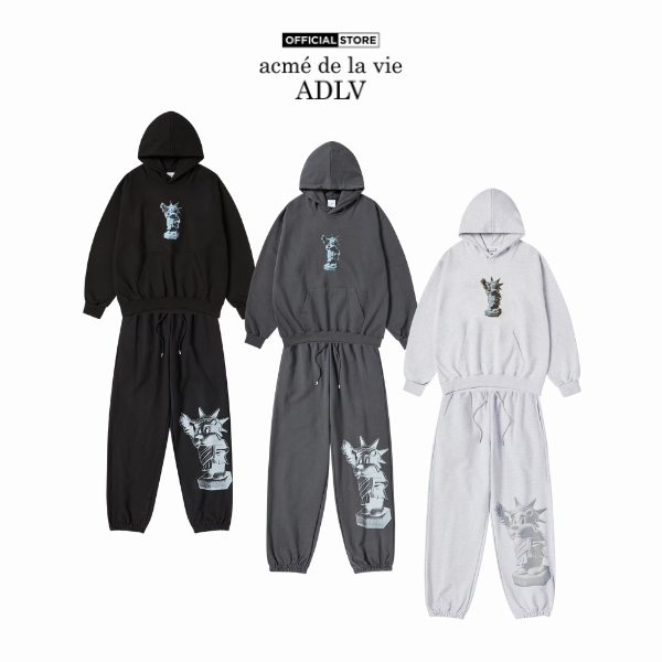 Set áo Hoodie và Quần ADLV AC Bear Statue Of Liberty màu Đen/Than chì/Muối tiêu - Hàng chính hãng