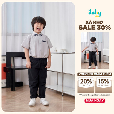 Quần dài bé trai ILABY phối tag túi sau phong cách cá tính chất liệu kaki mềm nhẹ cho bé 11-34kg [2361]