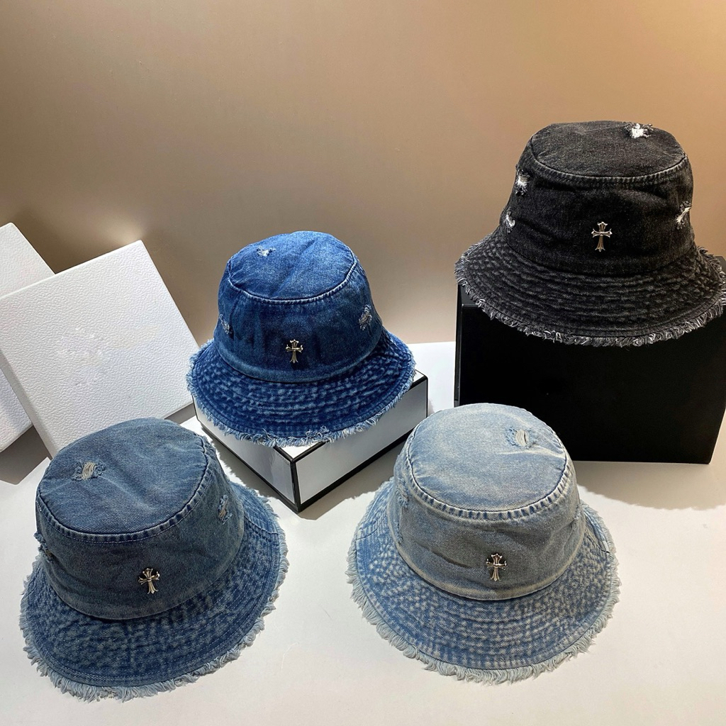 Nón Bucket Jean Tua Rua Rách Nhẹ – Mũ Tai Bèo Denim Unisex, Đính Họa Tiết Cross, Freesize Nam Nữ N19