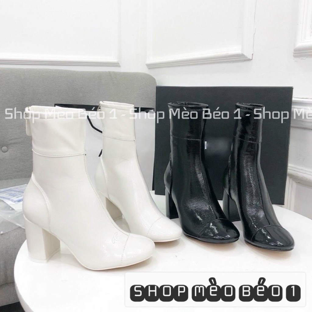 Bốt boot cao cổ da bóng mũi tròn viền chỉ gót trụ fullbox đen