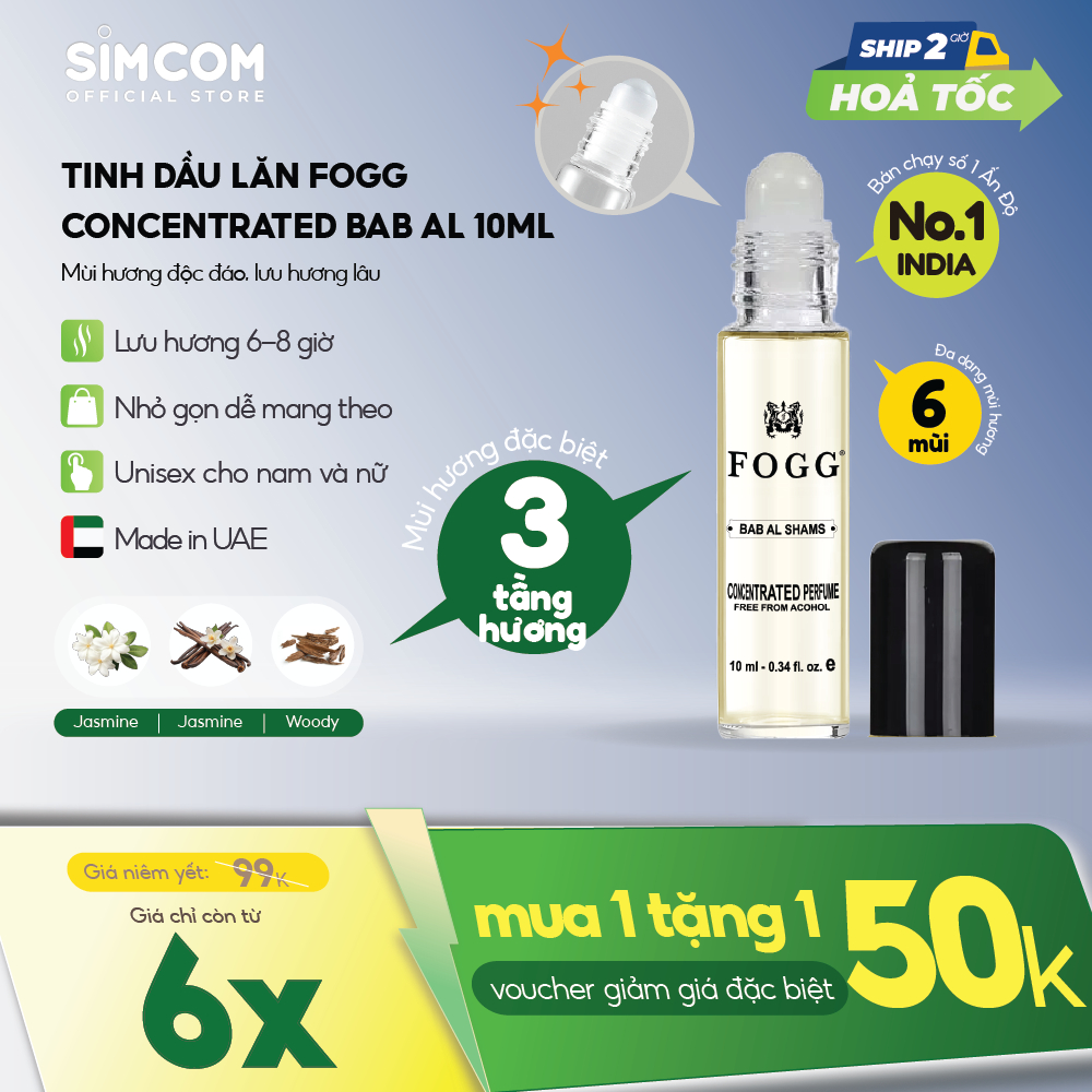 Tinh Dầu Nước Hoa FOGG Bab Al Shams Attar10ml Dạng Lăn, 3 tầng Hương Gỗ, Trái Cây, Hoa, lưu hương 5-