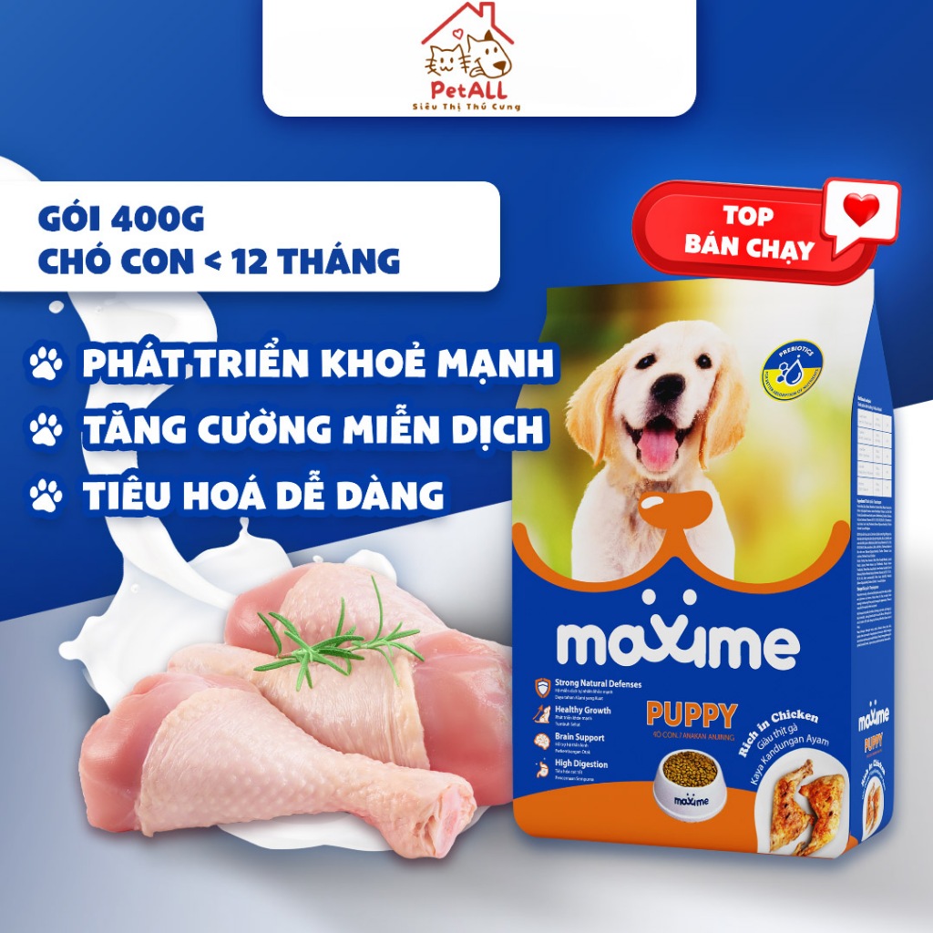 Maxime Dog Puppy 400g - Hạt thức ăn cho Chó nhỏ Giàu đạm từ Thịt Gà - Tăng hàm lượng protein