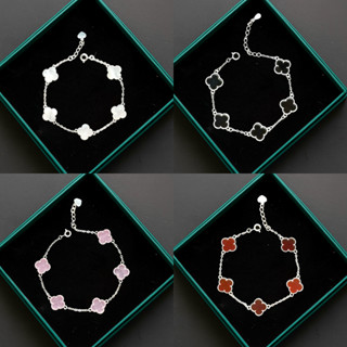  Lắc tay bạc PMJ hoa cỏ 4 lá khảm đá hồng sang trọng PMJS0327L-5H Phúc Minh Jewelry 