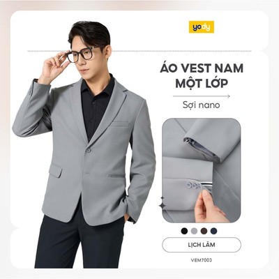 [SALE 50] Áo khoác vest nam YODY áo 1 lớp, đứng form, hạn chế nhăn nhàu, có túi trong TRA - VEM7003