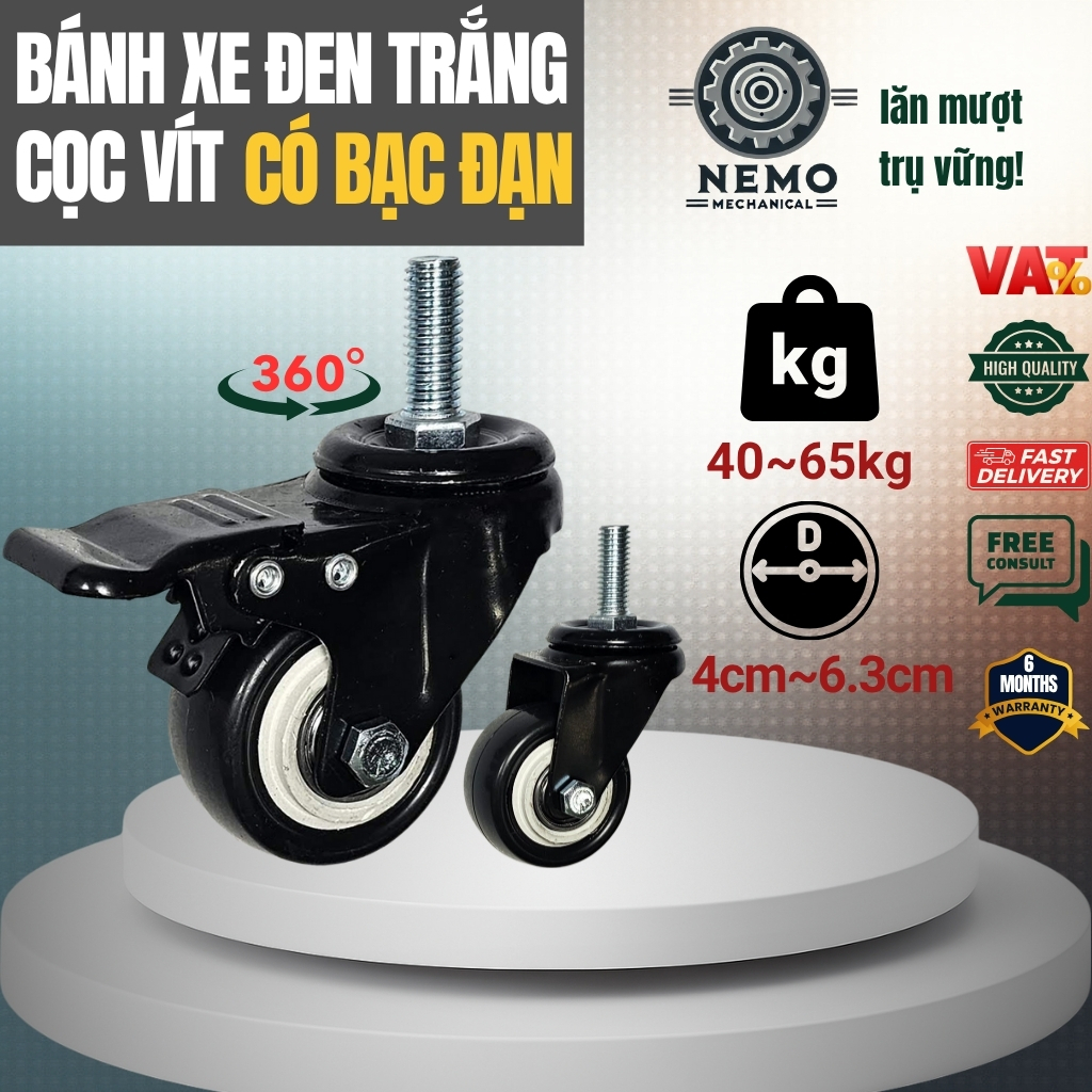 Bánh xe đẩy hàng Đen Trắng, loại cọc vít, chất liệu nhựa PVC, chịu tải tốt, dùng cho xe đẩy cỡ nhỏ