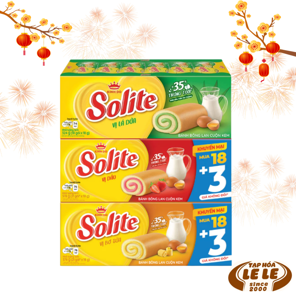 Bánh Bông Lan Cuộn Kem Solite Vị Lá Dứa/ Bơ Sữa/ Dâu 378G