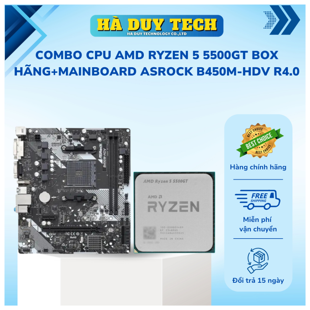 COMBO CPU AMD RYZEN 5 5500GT BOX HÃNG+MAINBOARD ASROCK B450M-HDV R4.0-Chính Hãng-BH 36T-Hà Duy Tech