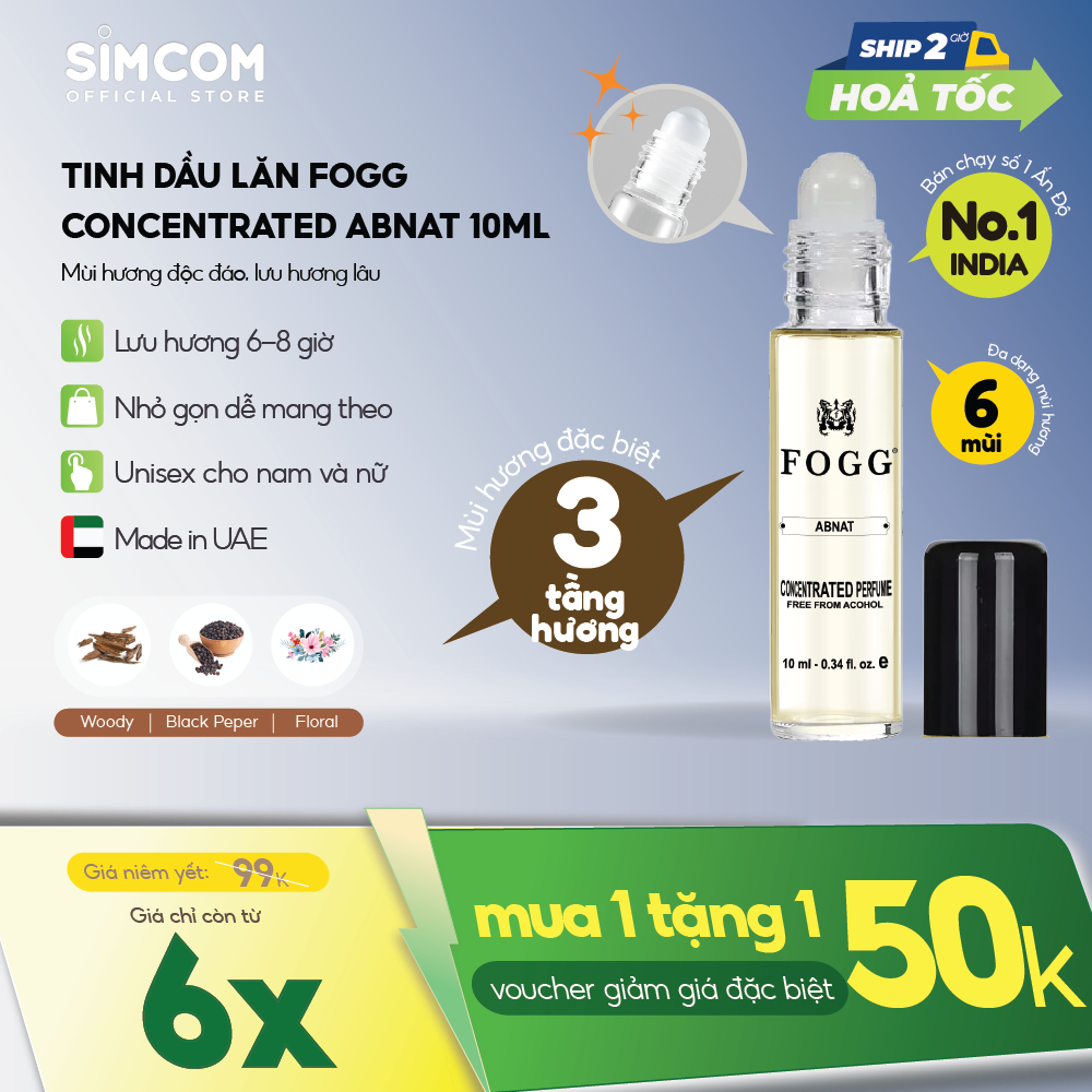 Tinh Dầu Nước Hoa FOGG Abnat 10ml Dạng Lăn, 3 tầng hương Hương Trái Cây, Hoa Nhài, Violet, lưu Hương