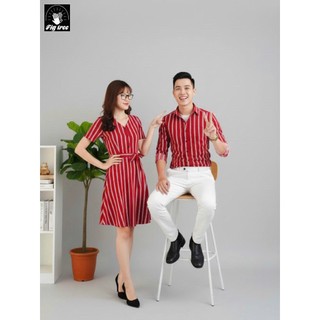 Set Áo Sơ Mi Váy Đôi FigTree Sọc Đỏ Siêu Hot Cho Cặp Đôi Mã 155B