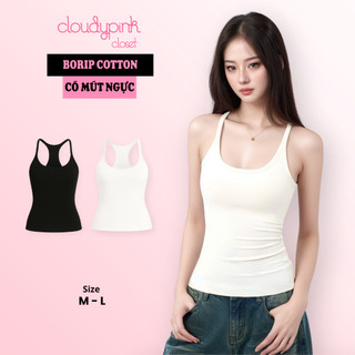  Áo thun nữ 2 dây mảnh dáng dài có mút ngực cotton co giãn – Cloudy Pink 