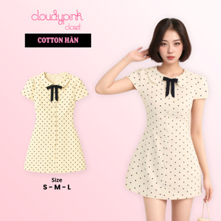  Đầm chấm bi cổ sen nơ đen dáng ôm chữ A Cloudy Pink Váy ngắn vintage phong cách Hàn Quốc V04 