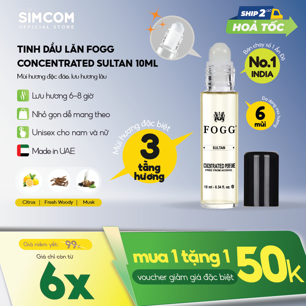 Tinh Dầu Nước Hoa FOGG Sultan 10ml Dạng Lăn, 3 tầng Hương Trái Cây, Hoa, Hương Gỗ, lưu hương 5-8 tiế