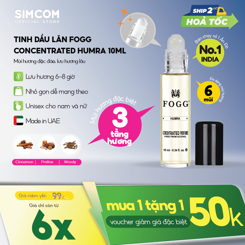 Tinh Dầu Nước Hoa FOGG Humra Attar10ml Dạng Lăn, 3 tầng Hương Gỗ, Trái Cây, Hoa, lưu hương 5-8 tiếng