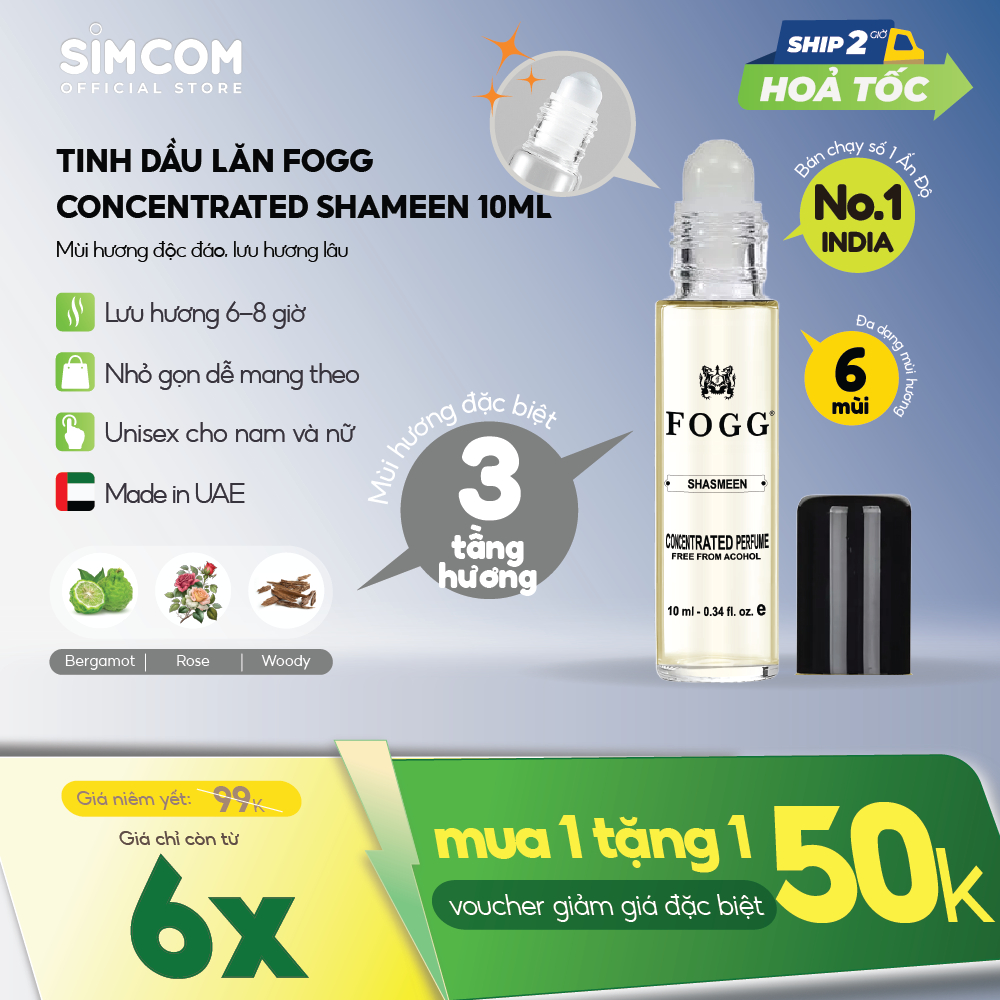 Tinh Dầu Nước Hoa FOGG Shasmeen Attar10ml Dạng Lăn, 3 tầng Hương Trái Cây, Hoa, Hương Gỗ, lưu hương 