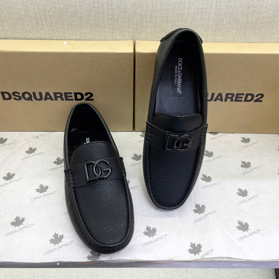 Giày lười moca nam PB da pu trơn sần phối quai ngang thân tag logo chữ Đôn Chề đế cao su âm basic GS176P