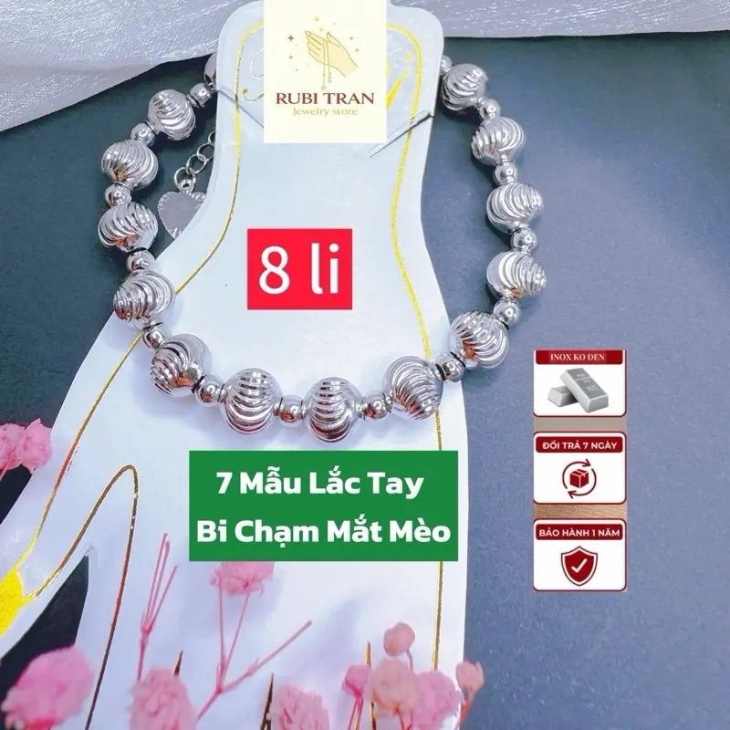 Lắc Tay Bi Chạm Mặt Mèo Inox Cao Cấp. Độ dài 16cm, đuôi 5cm. Khoá càng cua. Bi 8 li; 6 li, 5 li.... 