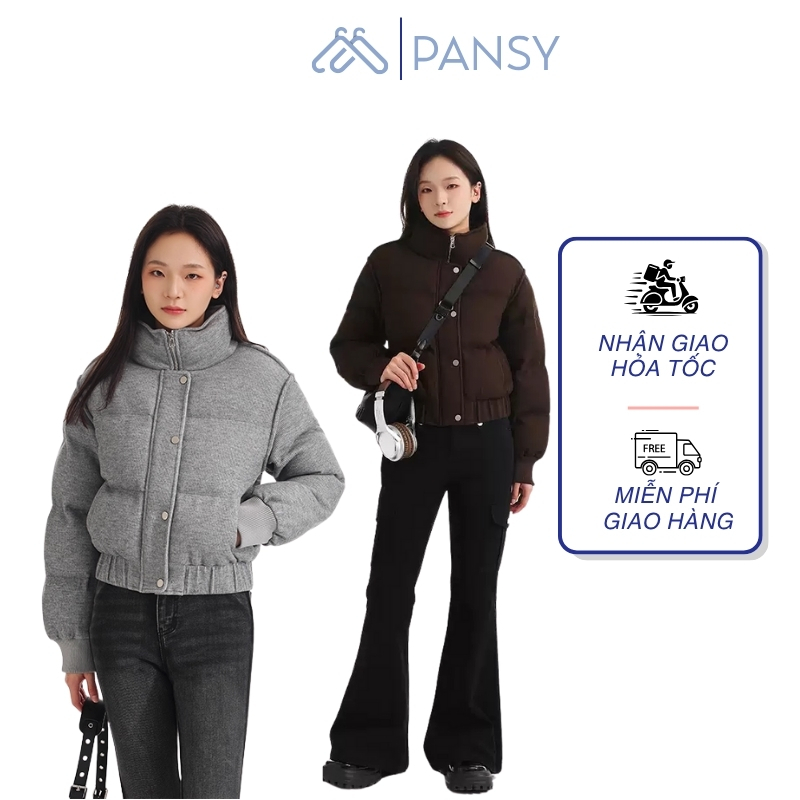 [SẴN] Áo khoác phao nữ nhung tăm mùa đông dày dặn ấm áp DESSUU thiết kế cao cổ 2 màu nâu - xám có sẵ