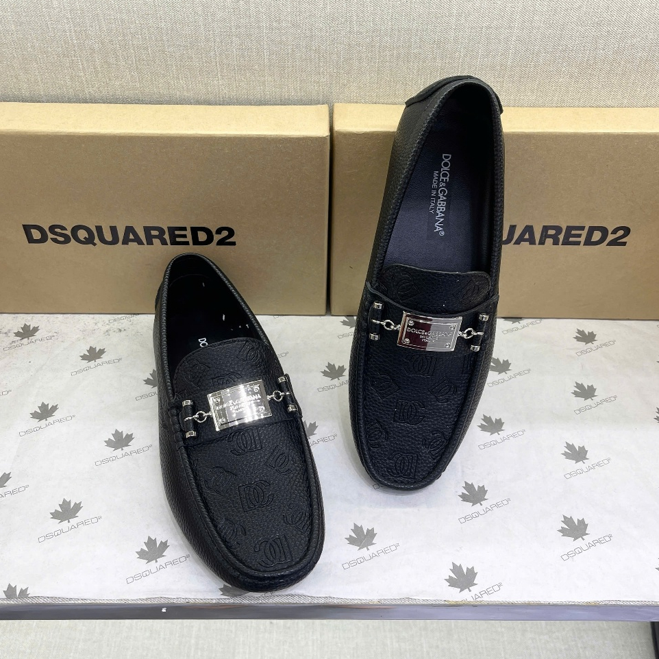 Giày lười moca nam PB da Pu trơn sần móc khoá tag logo bạc phối dập nổi vân monogram đế âm cao cấp GS175P