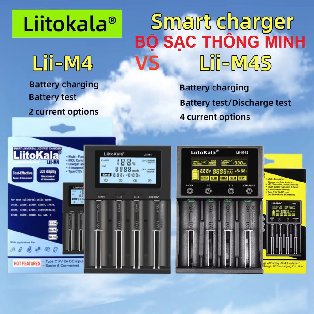 Sạc Pin và Test pin Đa Năng LCD LiitoKala Lii-M4S Cho Pin 18650 26650 21700 AA AAA A