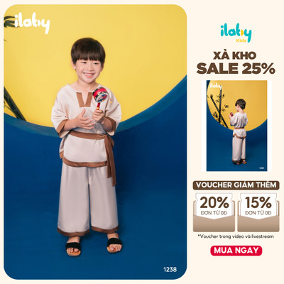 Set chú cuội áo cổ V có đai bé trai ILABY chất liệu lụa mềm mại [1238]