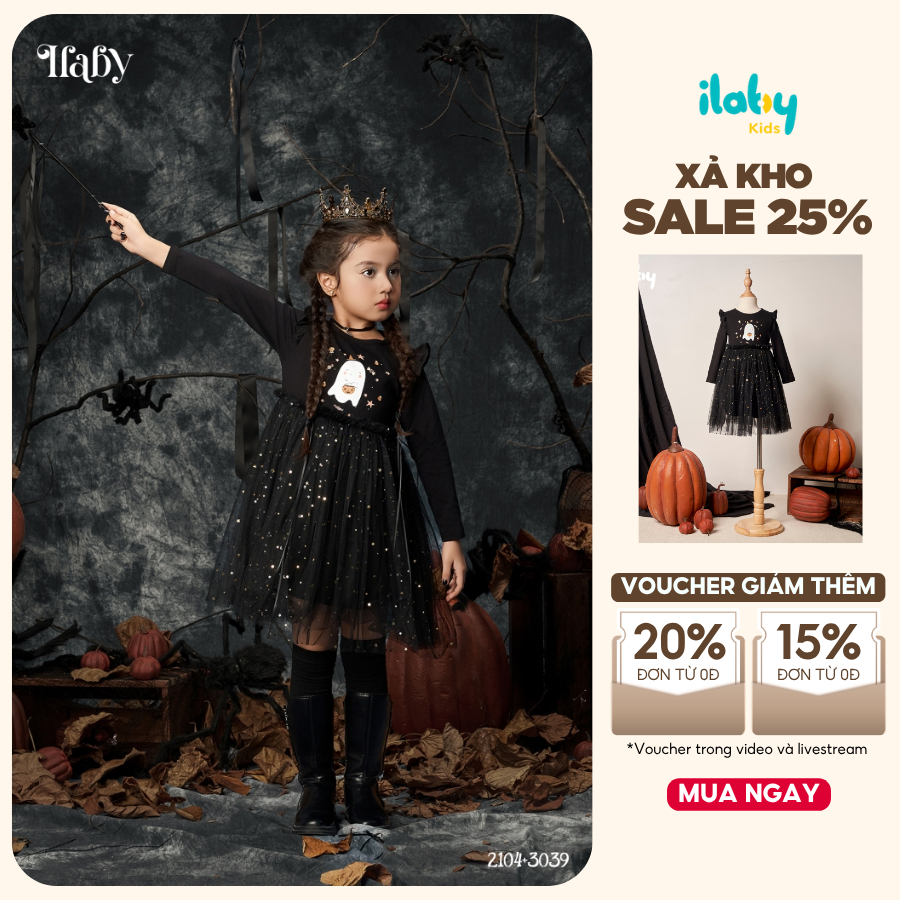 Đồ halloween cho bé gái ILABY váy halloween cho bé gái in hình chất thun cotton phối lưới [2104]