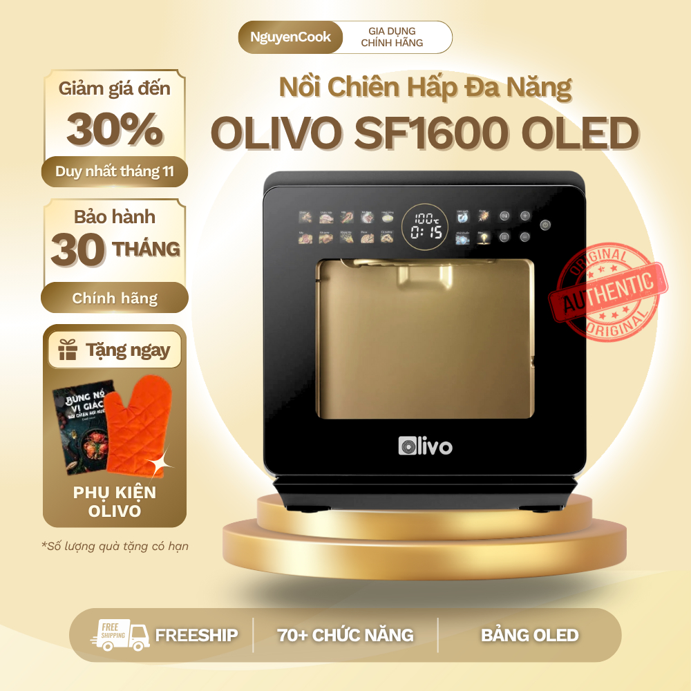 Nồi Chiên Hấp Hơi Nước Đa Năng OLIVO SF1600 16L – OLED, 70 Chế Độ, INOX304, Không Dầu, Tặng Thớt
