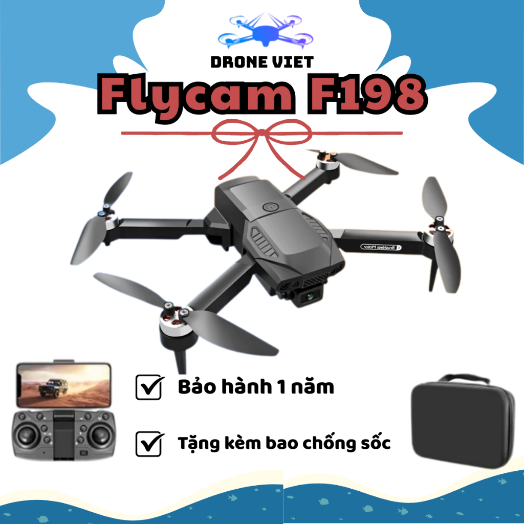 Máy Bay Flycam F198, Drone 2 camera HD trang bị ĐÔNG CƠ KHÔNG CHỔI THAN