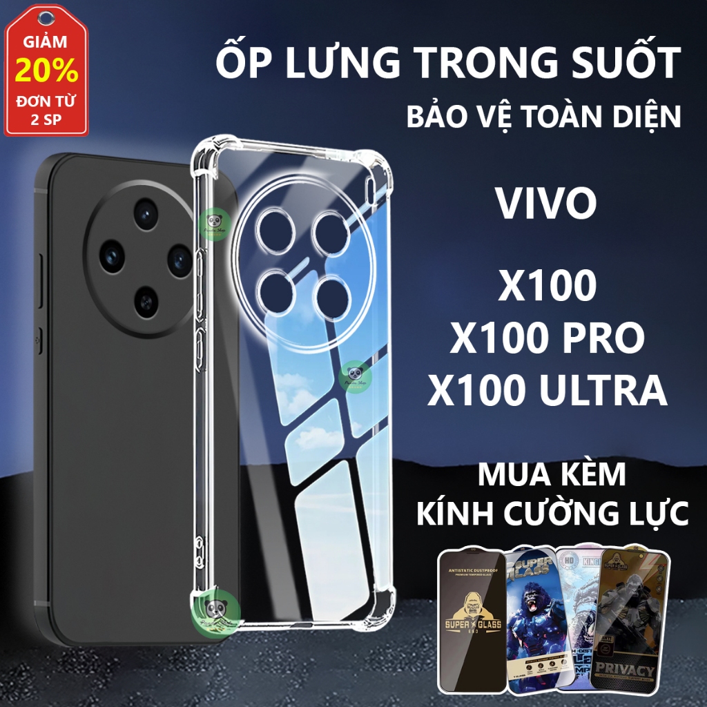 Ốp lưng Vivo X100/ X100 Pro/ X100 Ultra/ X100s chống sốc, trong suốt, silicon, bảo vệ camera-PANDA