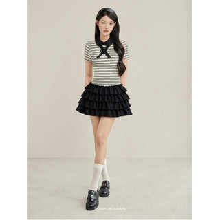   NEW ARRIVAL  Đầm Kẻ Đen Trắng Tay Phồng Xếp Tầng LAGOM | Thun Len Hàn Mềm Mịn Tôn Dáng CIRA DRESS 