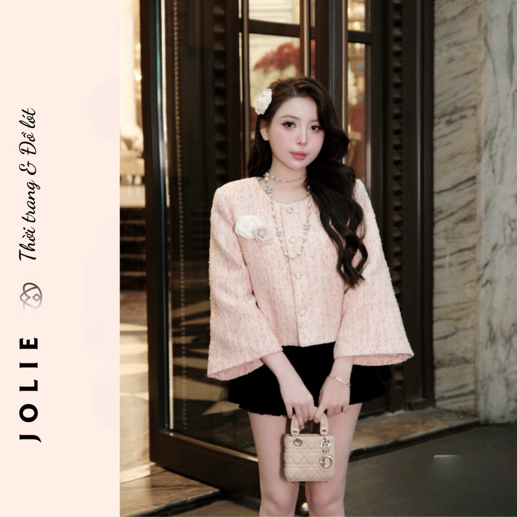 Áo khoác dạ tweed tay loe JOLIE, Áo khoác nữ dáng ngắn cúc ngọc tiểu thư sang chảnh