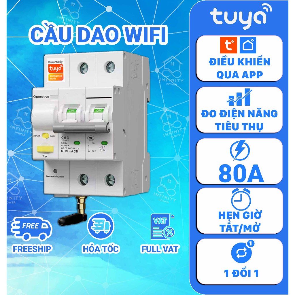 Aptomat Wifi, Cầu Dao Tổng Điều Khiển Qua Wifi, RS485 Tuya 80A, đo điện năng, BH 12 tháng