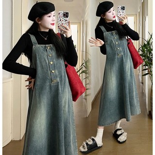  Young Mom | Set đầm bầu jean Thu Đông dạng yếm công sở Y523 gồm áo và yếm chất dày ấm áp Quảng Châu 