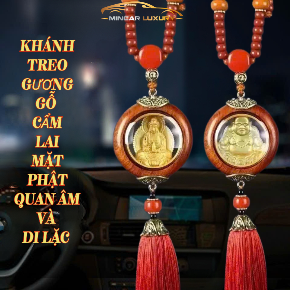 Khánh Treo Xe Gỗ Đính Phật Bằng Vàng – Tượng Phật Quan Âm / Phật Di Lặc – Tua Rua Đỏ May Mắn