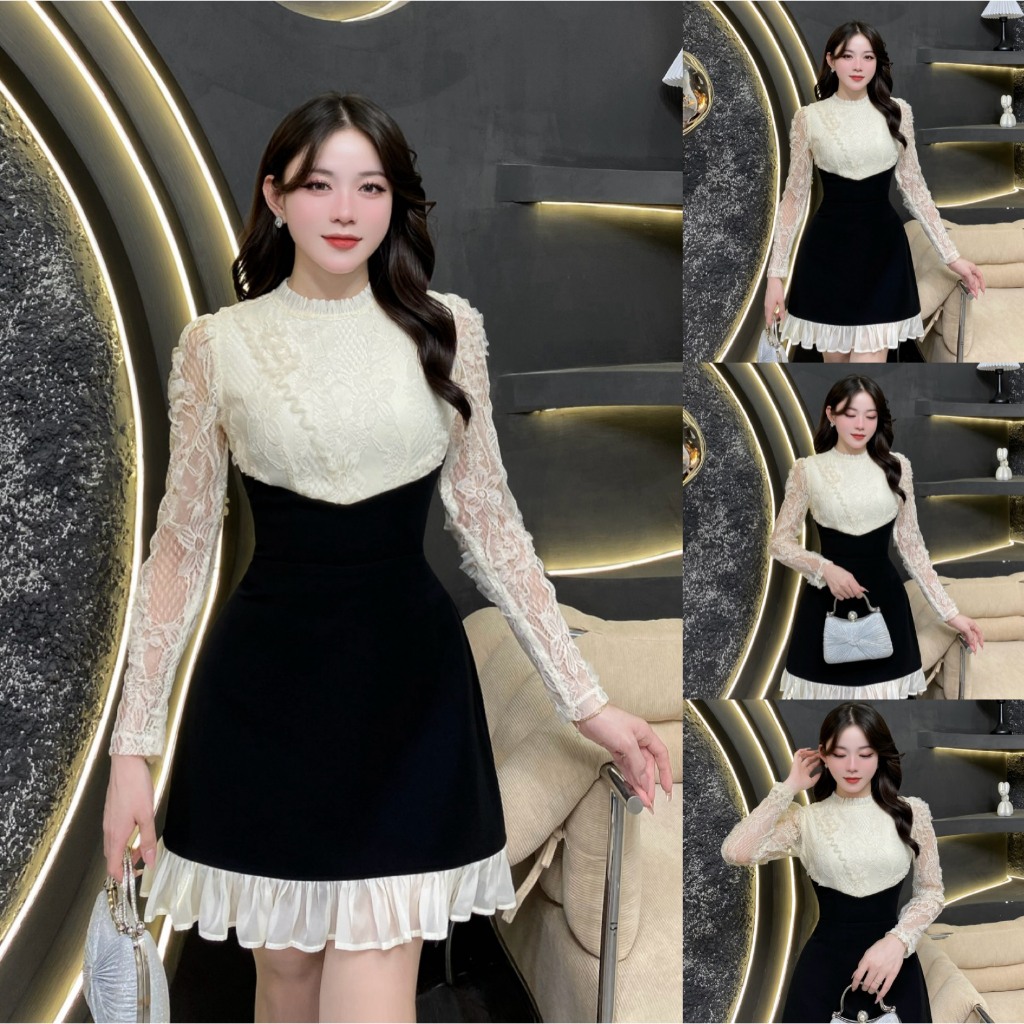 2G138 - Váy Thiết Kế Eviici dành cho nữ, thiết kế cổ bèo phối ren hoa, dáng A ngắn phối viền bèo tơ