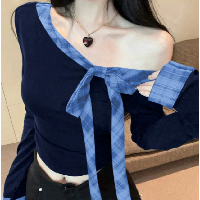 L&M| Shoulder Oblique Collar Bowknot Long Sleeve T-Shirt