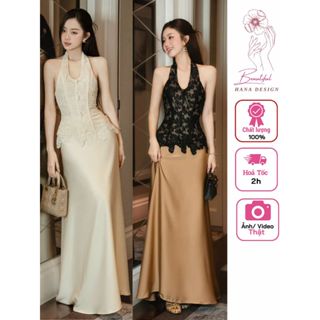    Sẵn - Hỏa Tốc  Set Áo Cổ Yếm Ren Đính Ngọc Chuẩn CHOUCHOU Chân Váy Lụa Dáng Dài 