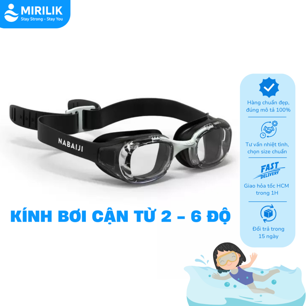  Kính bơi cận tròng kính trong suốt Optical Xbase 100 cho trẻ em người lớn nam nữ Đen MIRILIK DECA 