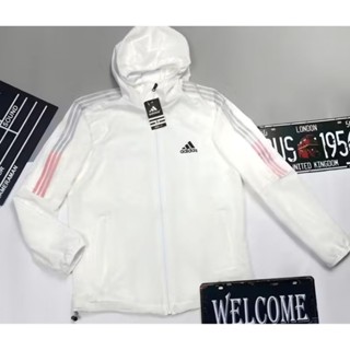  Áo Khoác Dù Nhẹ Nam Nữ 2 Lớp Có Mũ Chống Nắng Màu Trắng 3 Sọc A D I Thể Thao áo khoác gió chạy bộ thời trang có Dây Rút 