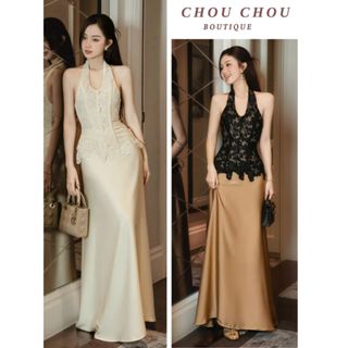    Sẵn - Hỏa Tốc  Set Áo Ren Hoa Cổ Yếm Chuẩn CHOUCHOU Chân Váy Lụa Dáng Dài 