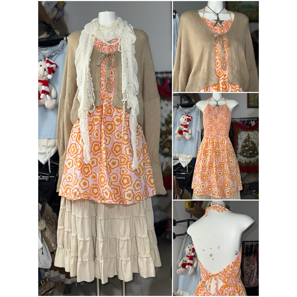 [2hand_thrift] Set tách: áo khoác len M, đầm yếm thô M L C0tt0n 0n