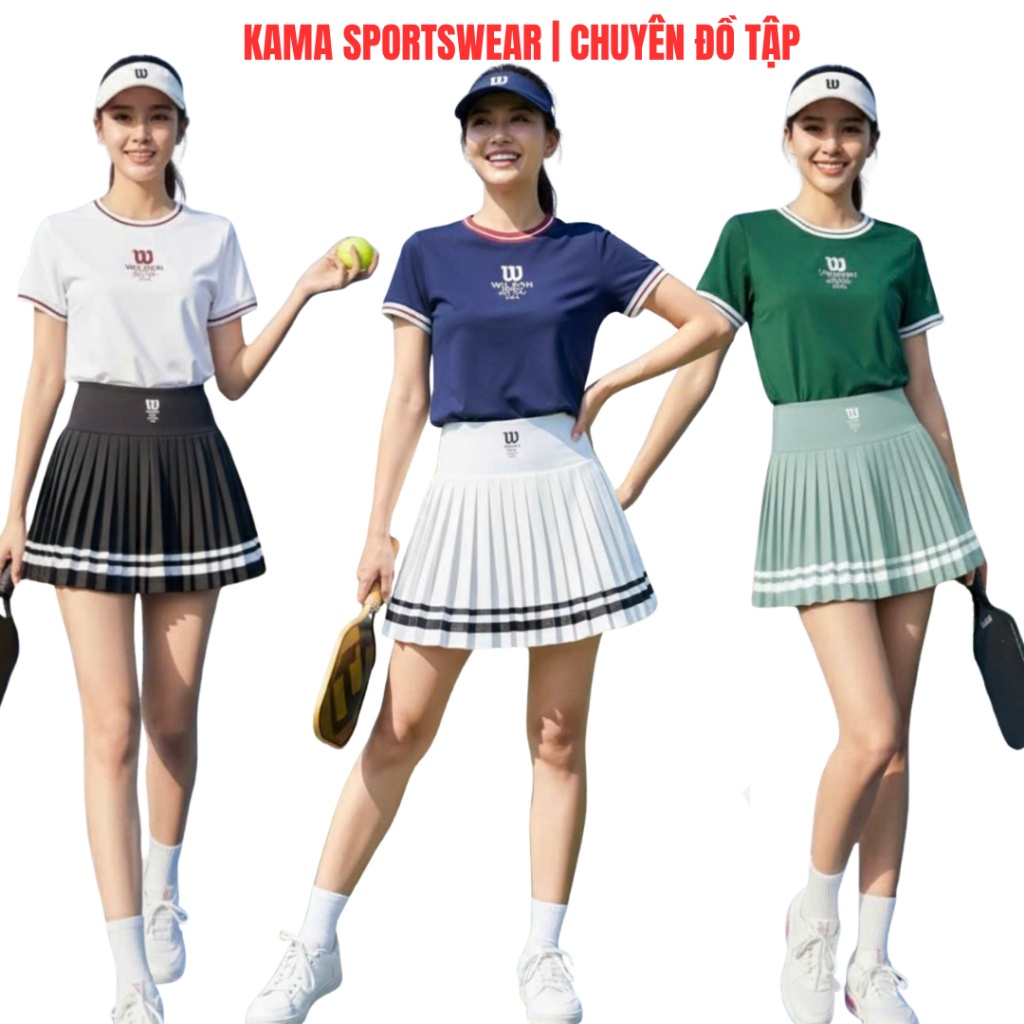Bộ thể thao nữ KAMA Sport BP149, áo thun mix chân váy xếp ly tập pickleball, tennis, cầu lông