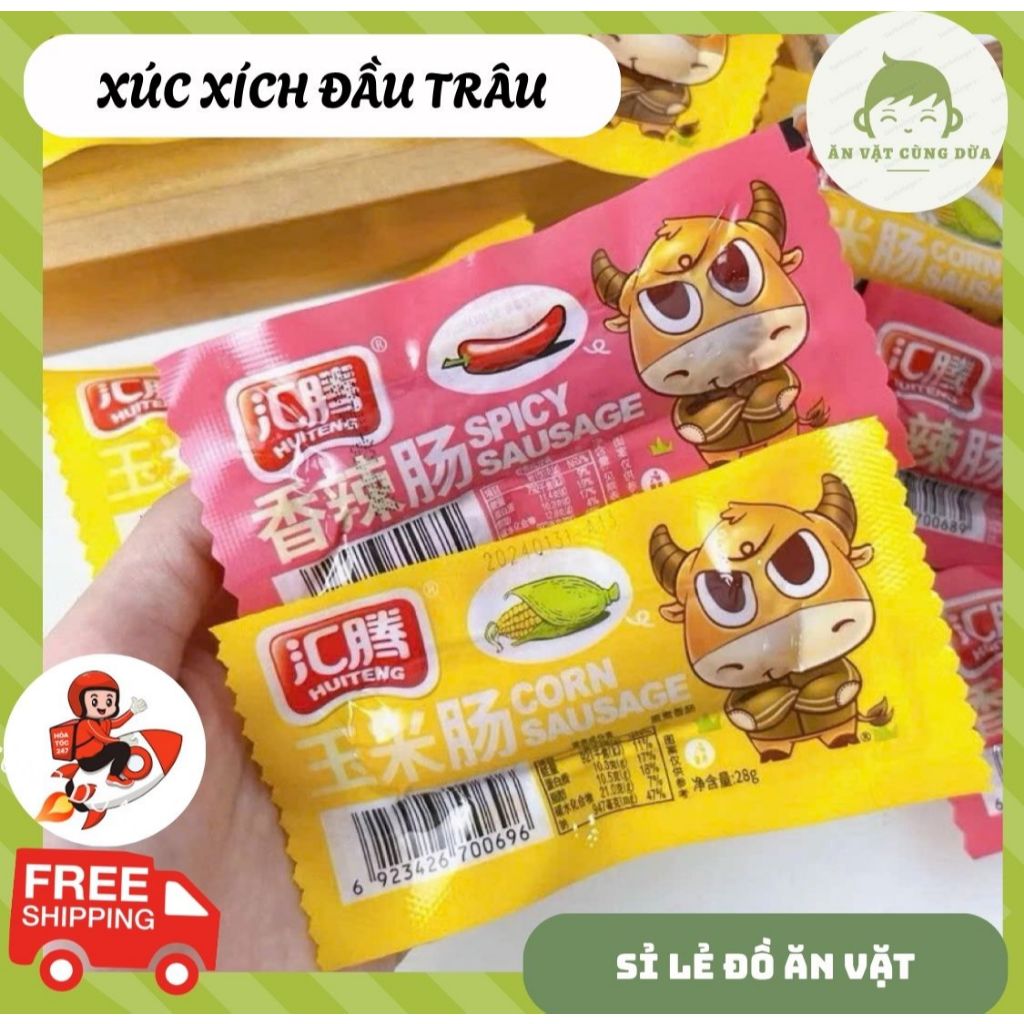 (giá sỉ) Túi 50 Xúc xích đầu trâu ăn liền nội địa Trung siêu hot (hồng-cay, vàng-ngô) 5k, ăn vặt cổn
