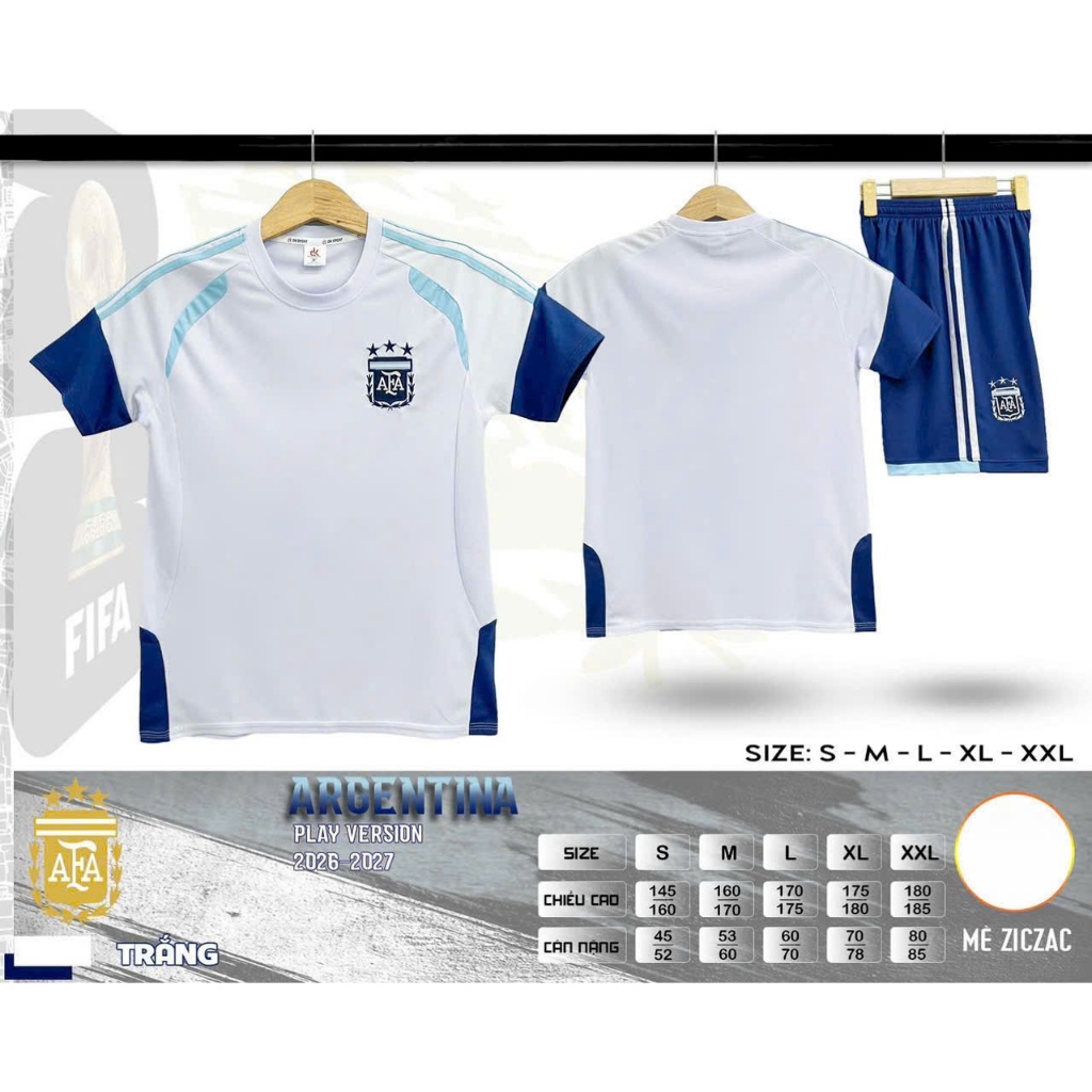 Quần Áo Bóng Đá Argentina Trắng - Vải Mè Ziczac DK – In Tên Số Theo Yêu Cầu BIBO SPORT