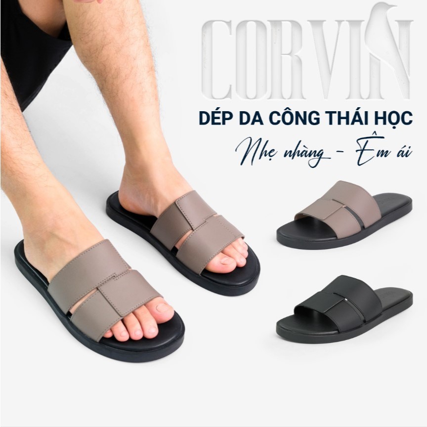 Dép da nam CORVIN SOLID dép quai ngang đơn đế cao su bền bỉ chống trơn trượt chống hôi chân