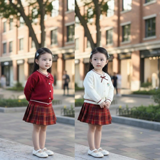  Set váy thu đông cho bé gái áo len lông thỏ đính nơ phối chân váy kẻ có lót phong cách Hàn Quốc cho bé 10-30kg Jumy Kid 