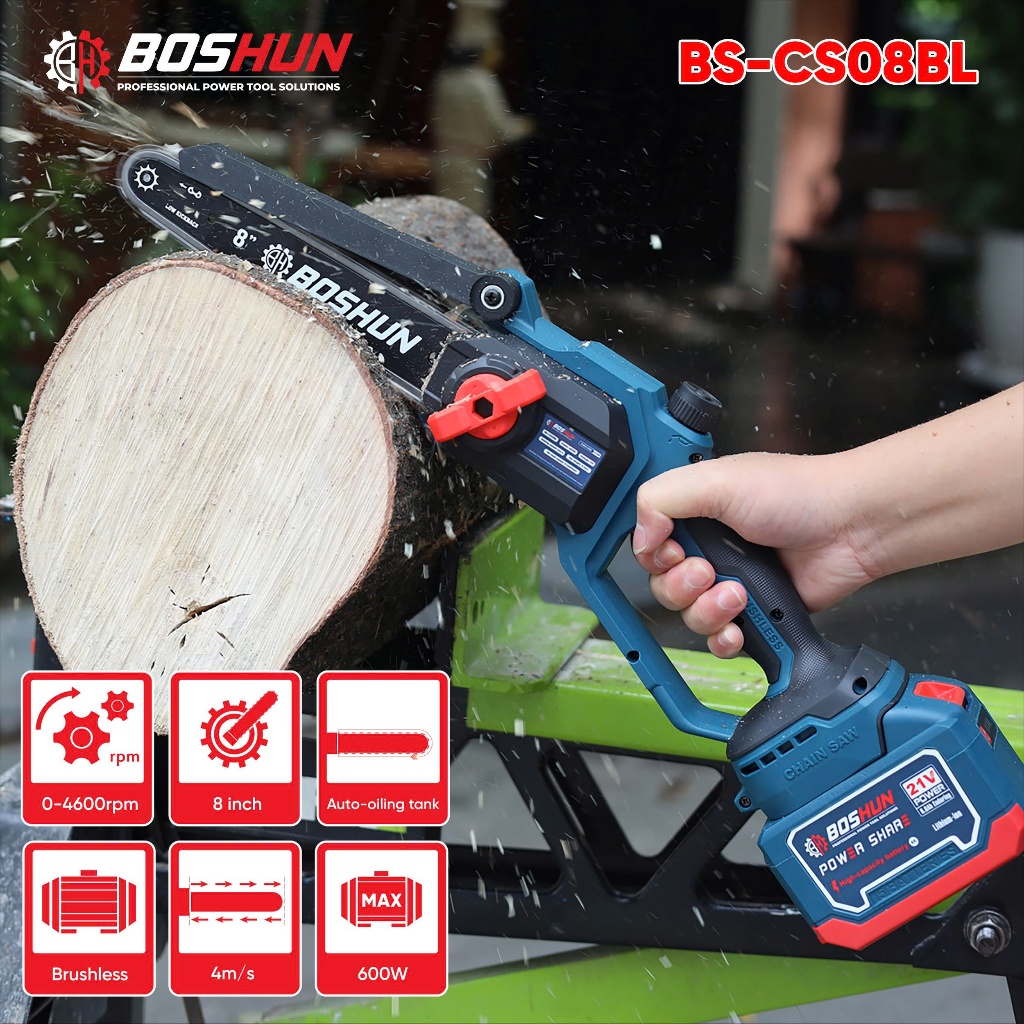 Máy Cưa Xích Dùng Pin BOSHUN BS-CS08BL, Lam Xích 8inch - Có Tra Nhớt