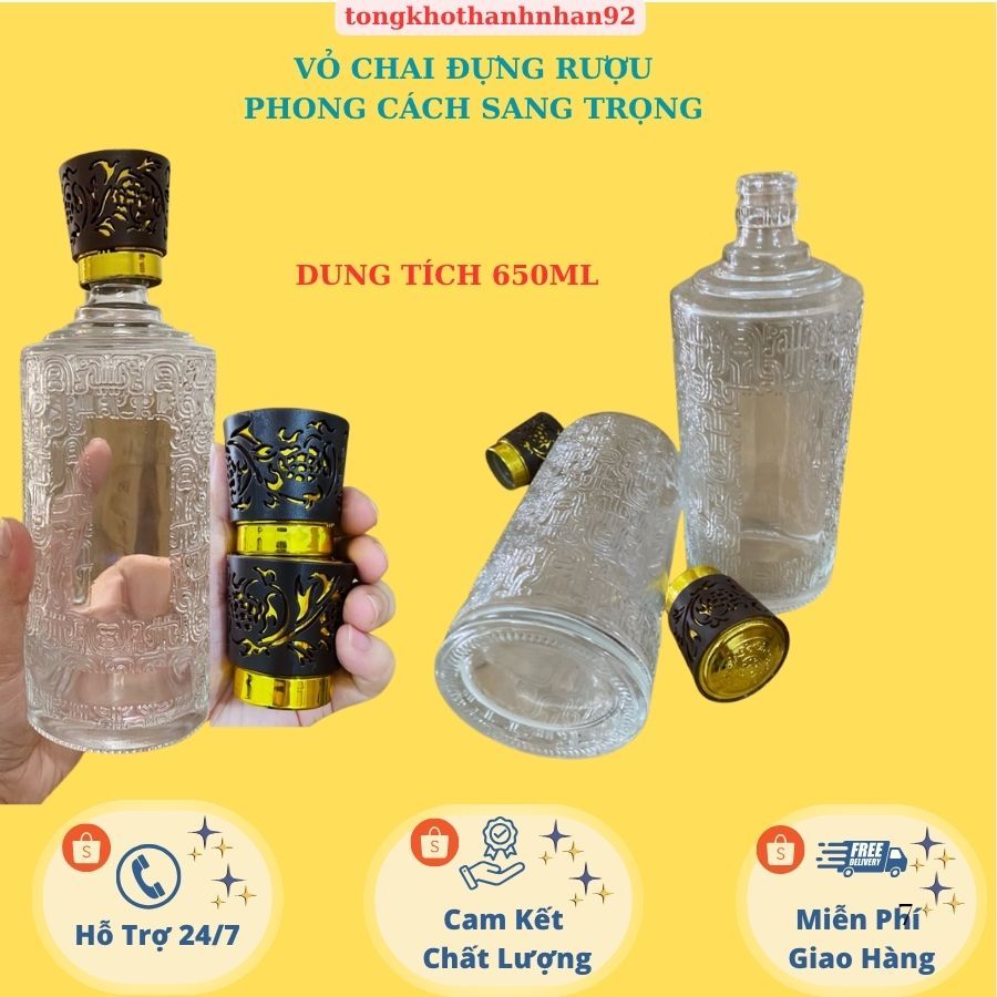 Vỏ Chai Thủy Tinh Hoa Văn Nổi 650ml Dáng Trụ Tròn Nắp Nhựa Vàng Trang Trí Decor